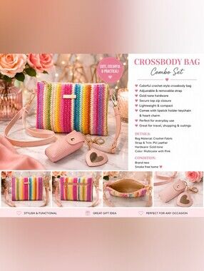 MULTICOLOR STRIPE CROSSBODY BAG + PINK LIPSTICK CASE 🩷🤎🧡